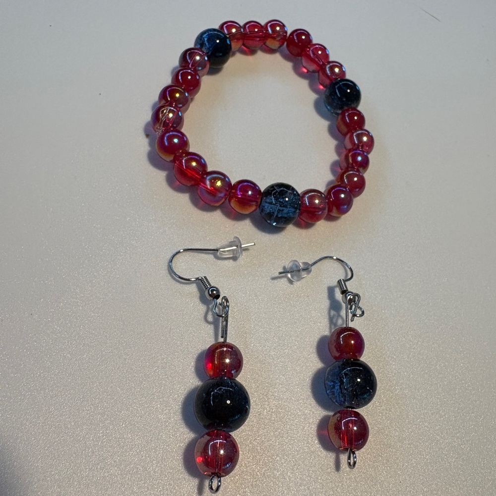 Elegant Handmade Red and Black Beaded Bracelet and Earring Set